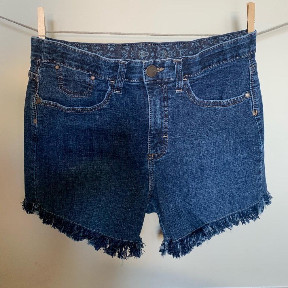 Lee Denim Mid-rise short, hand frayed raw hem.